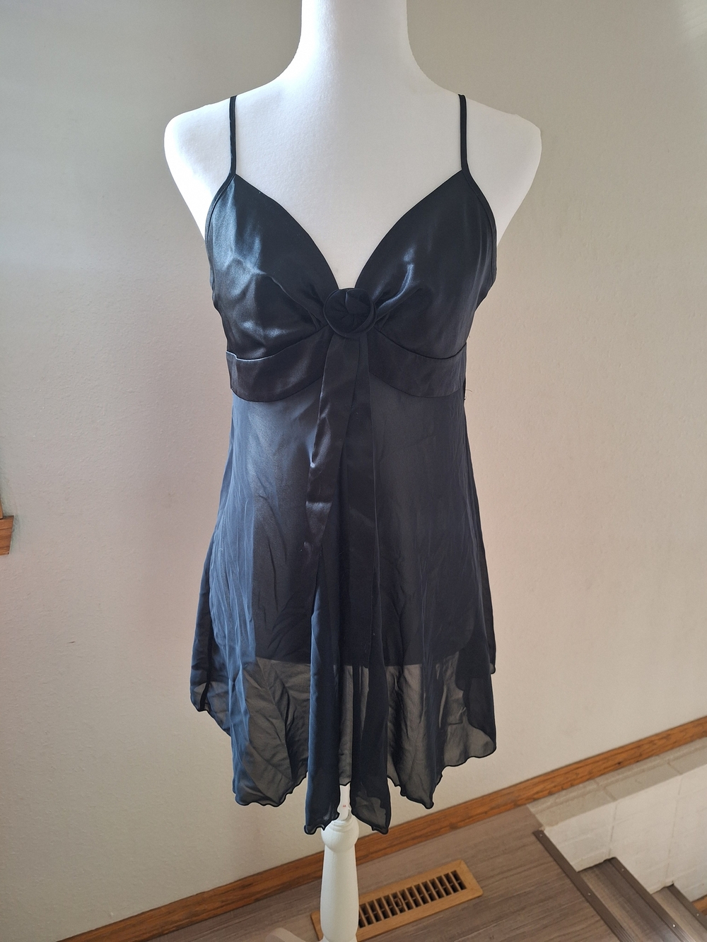Victoria's Secret Black Satin & Chiffon Knot-Front Chemise